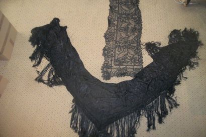null Shawl, Poland, black satin embroidered with flowers, fringed. Stole, Poland,...
