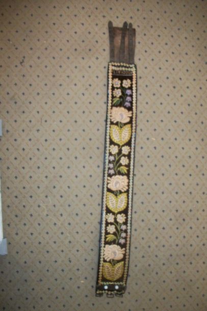null Belt, Romania, leather covered with brown velvet embroidered polychrome flowers...