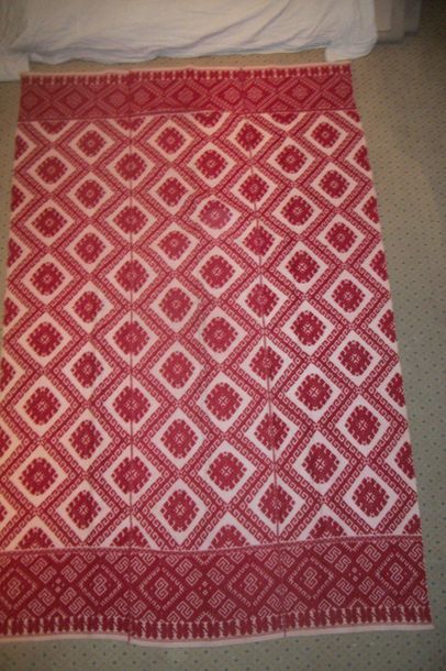 null Tablecloth, Romania, Transylvania, hemp brocaded in red cotton with geometric...