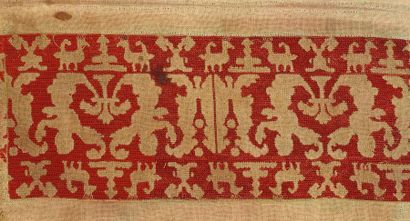 null Border, Italy, Sicily, 16th century, linen embroidered in red silk of love on...
