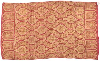 null Yastik in a lampas, Turkey, 16th century, red satin background, gold and cream...