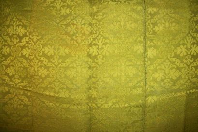 null Green damask panel, 16th century, flowers in a network of ribbons (sewn pieces,...