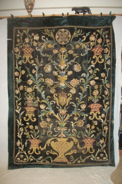 null Wall hanging, Italy, 17th century, black velvet background, decoration embroidered...