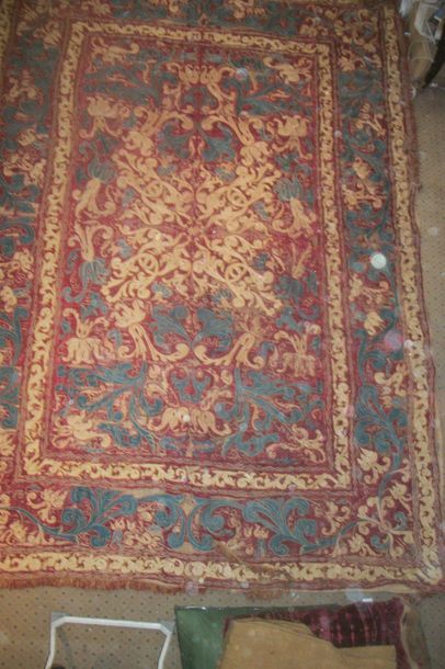 null Table carpet, Italy, 17th century, red satin embroidered in polychrome wool...