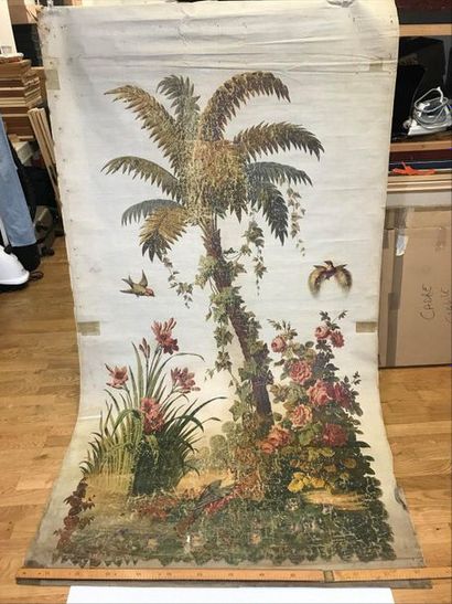 null Store en soie peinte, XIXème siècle, palmier et oiseaux. 2, 49 x 1, 35 m