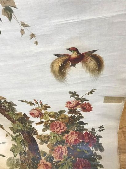 null Store en soie peinte, XIXème siècle, palmier et oiseaux. 2, 49 x 1, 35 m
