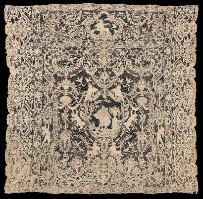 null Large Venetian lace panel, decoration of a gallant couple in draperies, loves,...