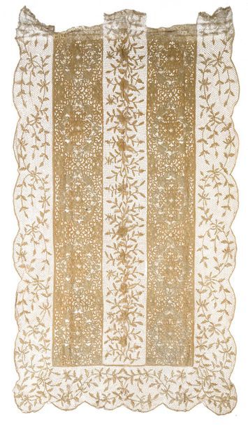 null Pair of Venice and Milan lace curtains, bobbin lace, dense floral scrolls bordered...