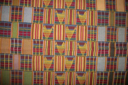 null Nineteen-band Kente, Ghana, Ewe weave, blue, green and red stripes, yellow woven...