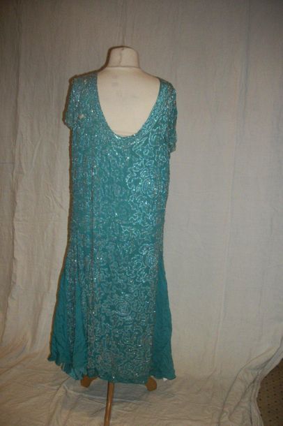 null Charleston dress, circa 1920, turquoise blue crepe embroidered with silver glass...