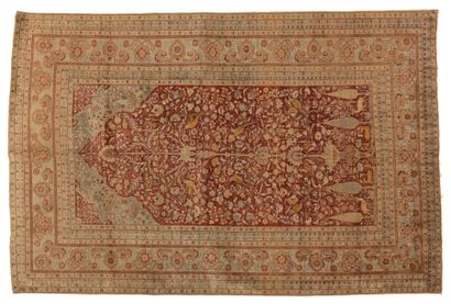 null Silk prayer rug, Persia, Tabriz, circa 1880, red background, tree of life decoration...