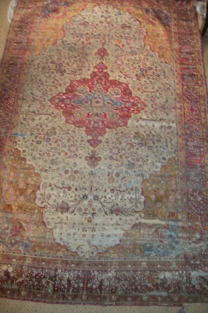 null Kechan silk carpet, circa 1900, cream background with flowered branches, blue...