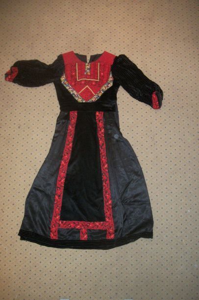 null Bedouin, Syria or Palestine dress, black velvet and satin, bib and braids embroidered...