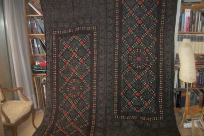 null Hanging, India, patchwork of brocade with floral friezes, black lining, tyed...