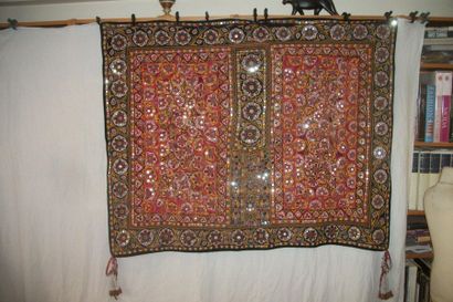 null Kutsch hanging, India, red canvas embroidered polychrome and mirrors of a flowering...