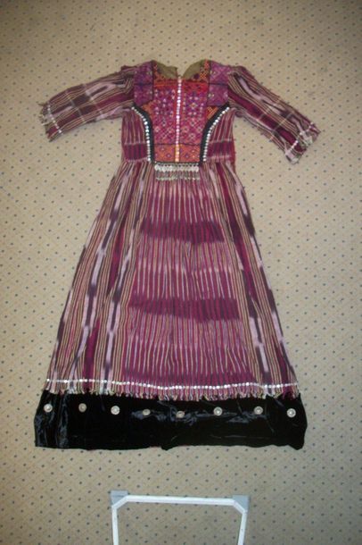 null Dress, Afghanistan, ikat red flamed yellow, embroidered bib, black velvet bottom...