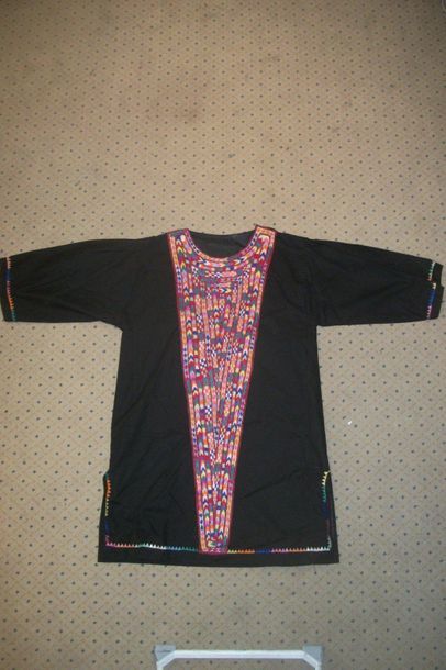 null Swat dress, Pakistan, black embroidered canvas and Kutsch bib. Dress, Pakistan,...