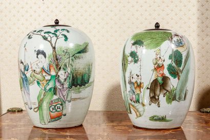 null Pair of covered vases in polychrome porcelain with white background with decorations...