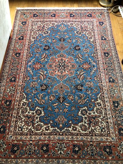 null Wool carpet with large central medallion, blue background, large border with...
