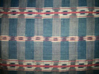 null Two siamese curtains, Normandy, 18th century, blue and red flamed cream striped...