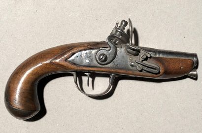 null Flintlock travel pistol.

Round barrel with sides to the thunder. Platen and...