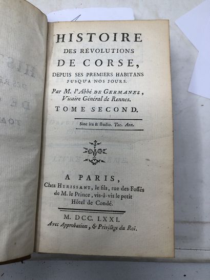 null Abbé de Germanes "Histoires des révolutions de Corse", three volumes, 1771