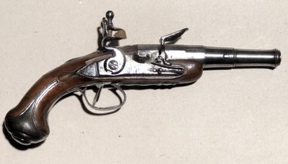 null Flintlock travel pistol. 

Round barrel with sides to the thunder, tuliped to...