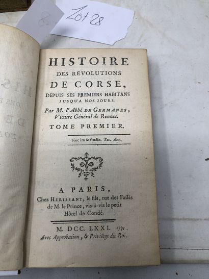 null Abbé de Germanes "Histoires des révolutions de Corse", three volumes, 1771