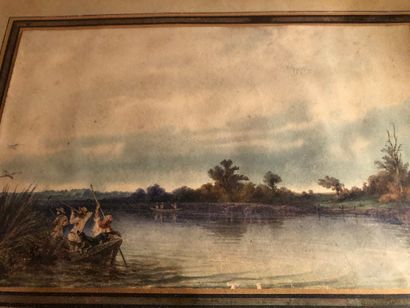 null Alexandre DESCAMPS (1803-1860)

"Chasseurs en barque sur la rivière"

Aquarelle...