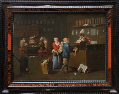  ECOLE FLAMANDE du XVIIIème siècle, suiveur de Thomas van APSHOVEN "Singes jouant aux cartes" et "La visite des paysans chez le notaire singe"...