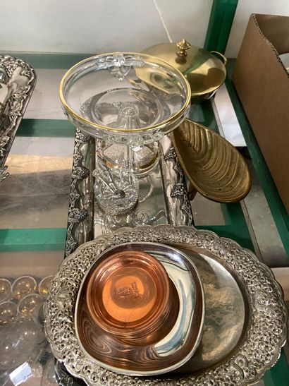 null Lot including a rectangular silver plated tray, a glass bowl, a tray with openwork...