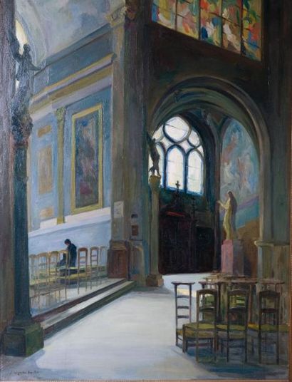 MARIE-JEANNE LAGARDE - BROCHOT (NÉE EN 1888) Vue d'une chapelle Peinture sur toile...