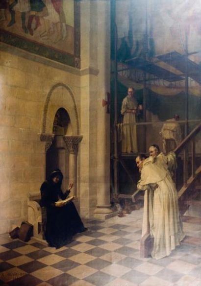 LÉON OLIVIE - BON (1863-1901) La lecture aux moines Peinture sur toile signée et...