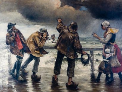 NORBERT GOENEUTTE (1854-1894) La digue par temps d'orage Huile sur toile Signée en...
