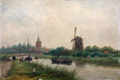 LÉON SCHULMAN (1851-1943) Paysages hollandais avec personnages Paire d'huile sur...