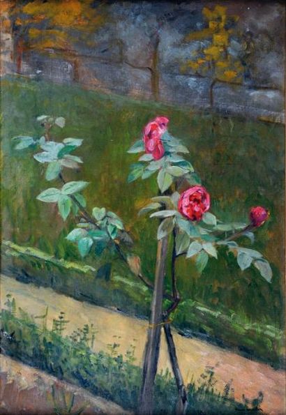 HENRI MARTIN (1860-1943) Roses dans un jardin Huile sur toile, signée en bas à droite...