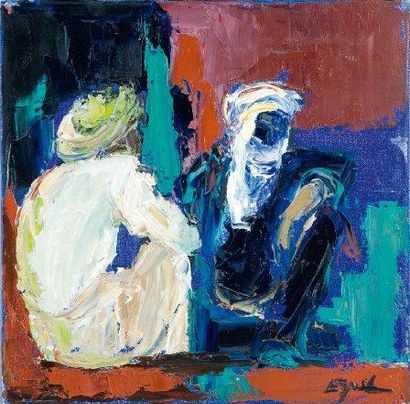 E YAEL (XXÈME SIÈCLE) Deux bédouins conversant Huile sur toile, signée en bas à droite...