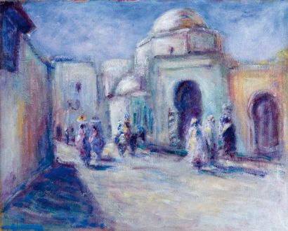 EDDINE SAHRAOUI SCHEMS (NÉ EN 1948) Tunis, le souk des etoffes Huile sur toile signée...