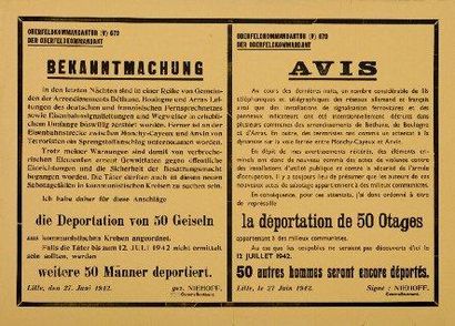 LILLE 27 JUIN 1942 AVIS bilingue des autorités Allemandes...des terroristes ont commis...