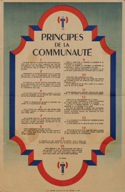 ÉTAT FRANÇAIS PRINCIPES DE LA COMMUNAUTÉ 1943 (Table des 16 commandements du Maréchal...