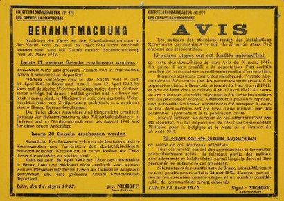 LILLE 14 AVRIL 1942 «AVIS» bilingue des autorités allemandes concernant les auteurs...