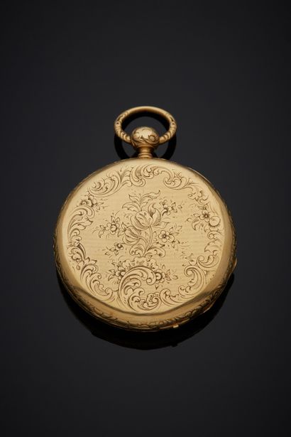  Yellow gold (750‰) POCKET WATCH with fine guilloché and chased flower motifs, gadrooned...