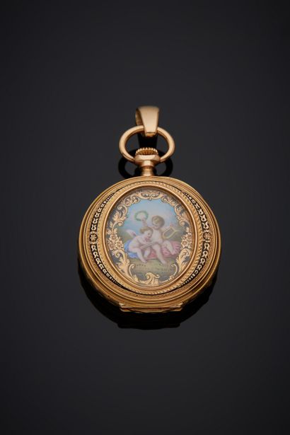 null Rare pink gold (750‰) SAVONNETTE A L'ANGLAISE NECK WATCH entirely chased with...