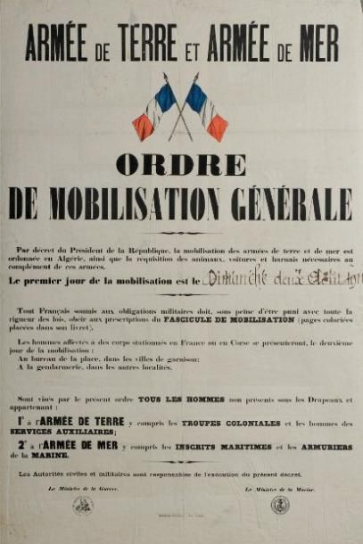 null «ORDRE DE MOBILISATION GÉNÉRALE» du Dimanche 2 Août 1914 Armée de Terre et Armée...