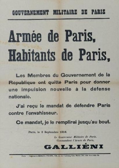 PARIS 3 SEPTEMBRE 1914 ADRESSE DE GALLIENI GOUVERNEUR MILITAIRE DE PARIS «Armée de...