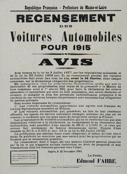 1914 RECENSEMENT DES VOITURES AUTOMOBILES POUR 1915 Avis de la Préfecture de MAINE-ET-LOIRE...