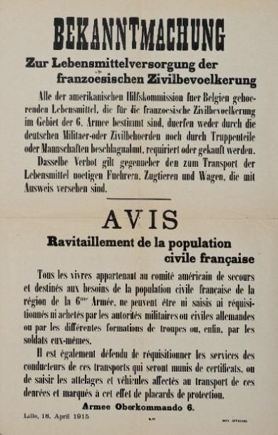 LILLE (NORD) 18 AVRIL 1915 Affiche bilingue des autorités Prussiennes (Armée OBERKOMMANDO)...