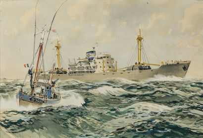 null Albert BRENET (1903-2005)

Cargo Alberte Le Borgne, a tuna boat in the foreground

Lithograph...