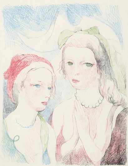  Pièce encadrée: Deux femmes 
Crayons sur papier d'après une oeuvre de Marie Laurencin...