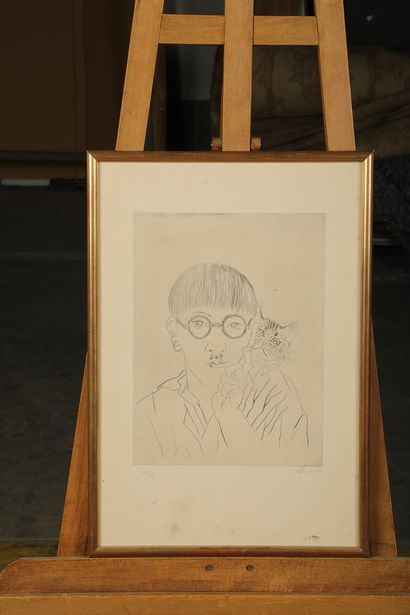  Tsuguharu FOUJITA (1886-1968) 
Autoportrait au chat. c.1927 
Pointe sèche, signée...